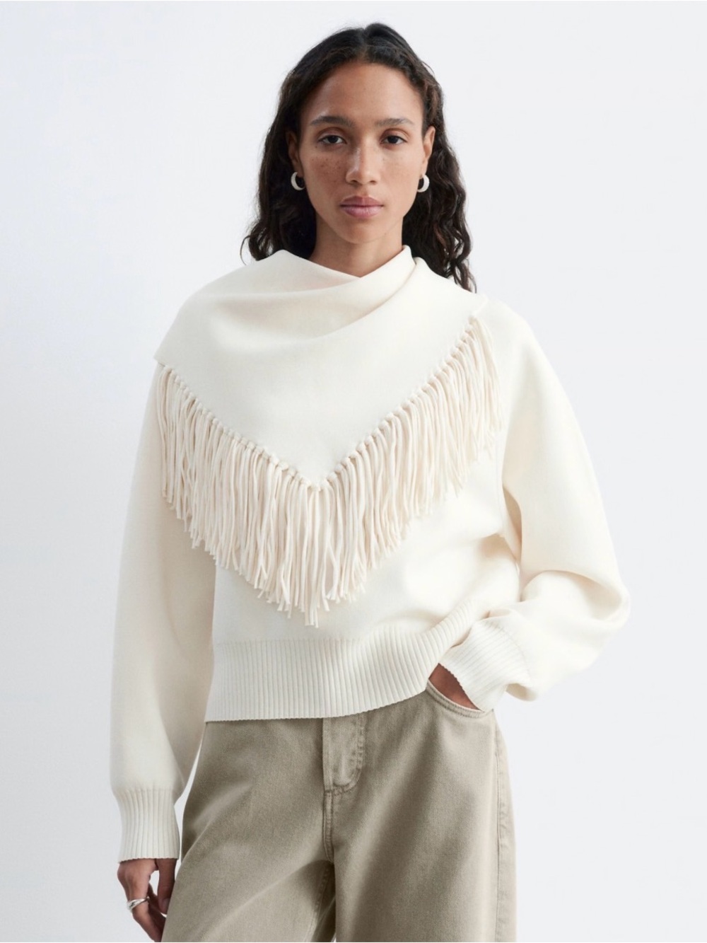 & Other Stories long sleeve fringe scarf sweater in white